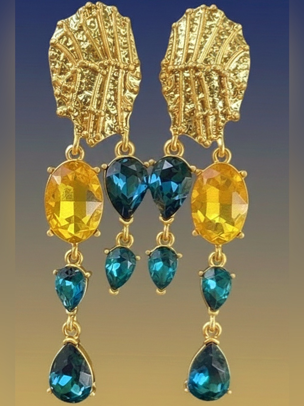 Oscar de la Renta Gold Tone Drop Earrings Citrine /Capri Blue Crystals⭐️ CLIP ON - Picture 2 of 12